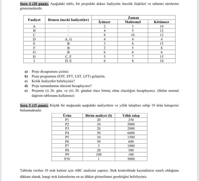 Highlight you put no excel Soru 1 -The following
