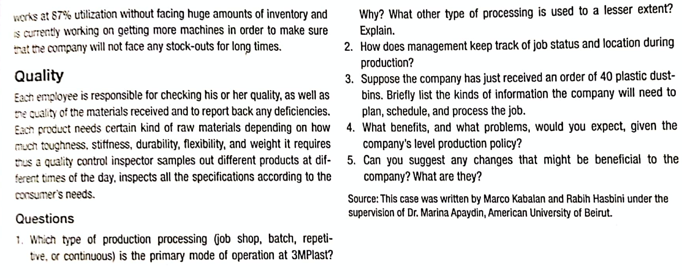 Subject name: Operations management Case study:
