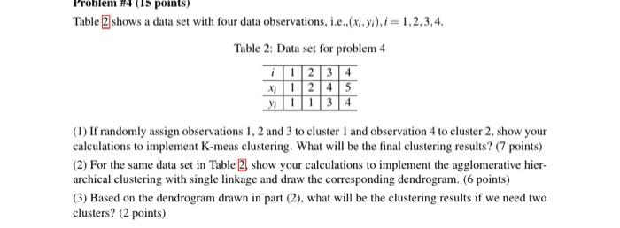 points) Table 2 shows a data set with four data