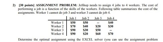 Job 3 2) (30 points] ASSIGNMENT PROBLEM: JoShop