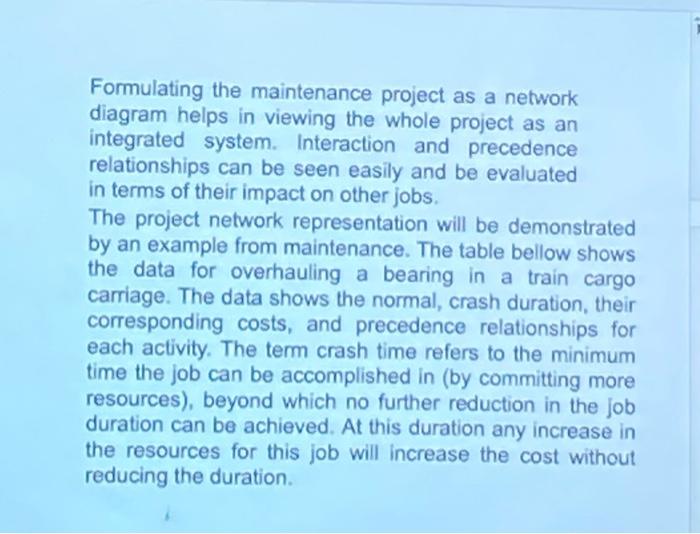Formulating the maintenance project as a network