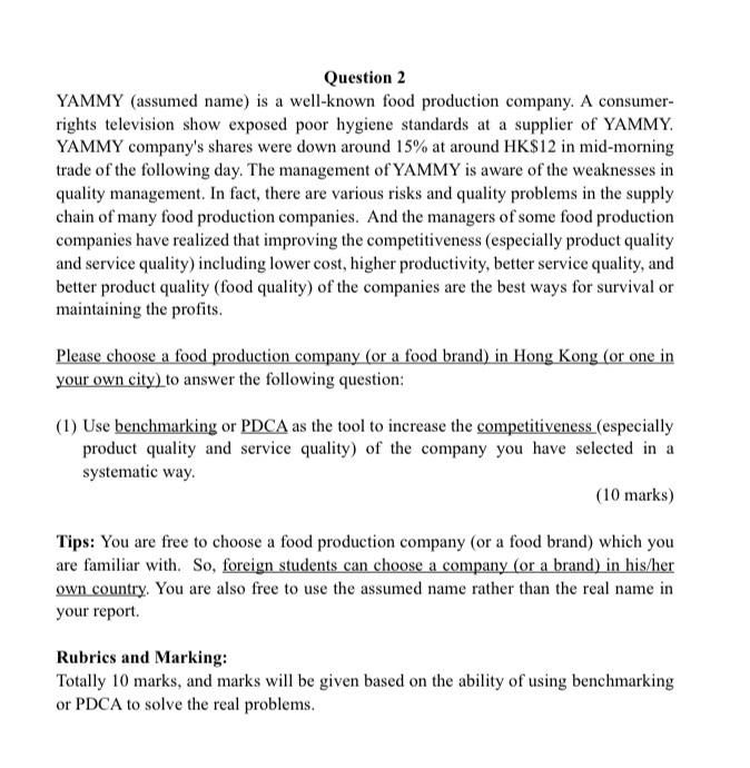 Question 2 YAMMY (assumed name) is a well-known