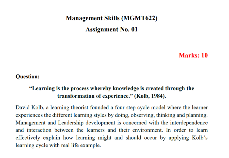 Management Skills (MGMT622) Assignment No. 01