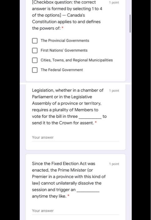 1 point Checkbox question: the correct answer is