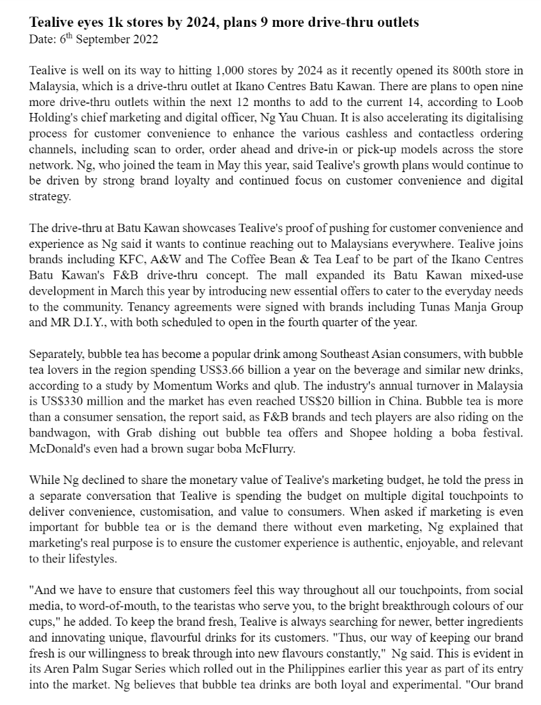 Based on two article above based on Tealive,