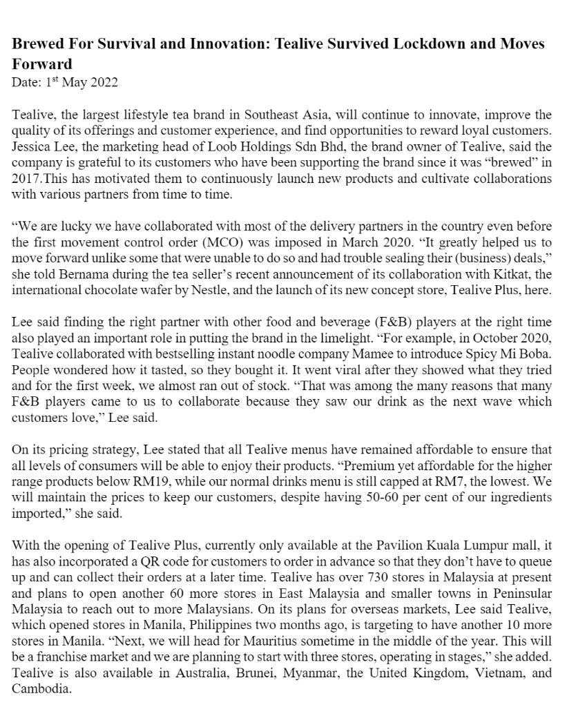 Based on two article above based on Tealive,