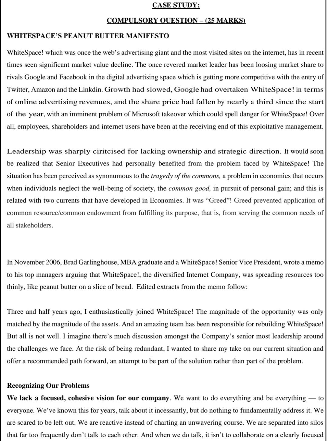 CASE STUDY: COMPULSORY OUESTION - (25 MARKS)