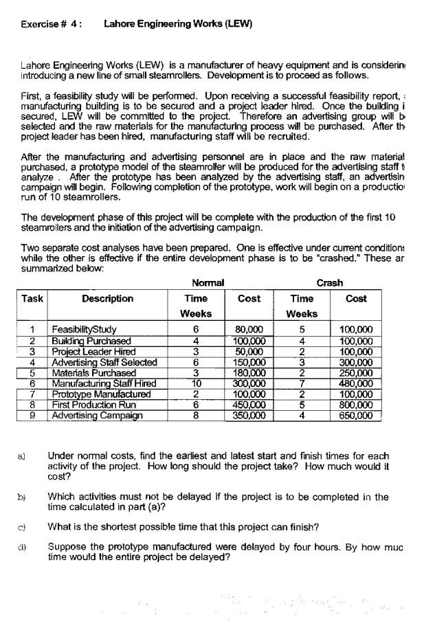 Exercise # 4 Lahore Engineering Works Exercise #