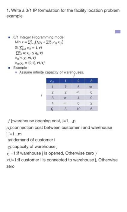 1. Write a 0/1 IP formulation for the facility