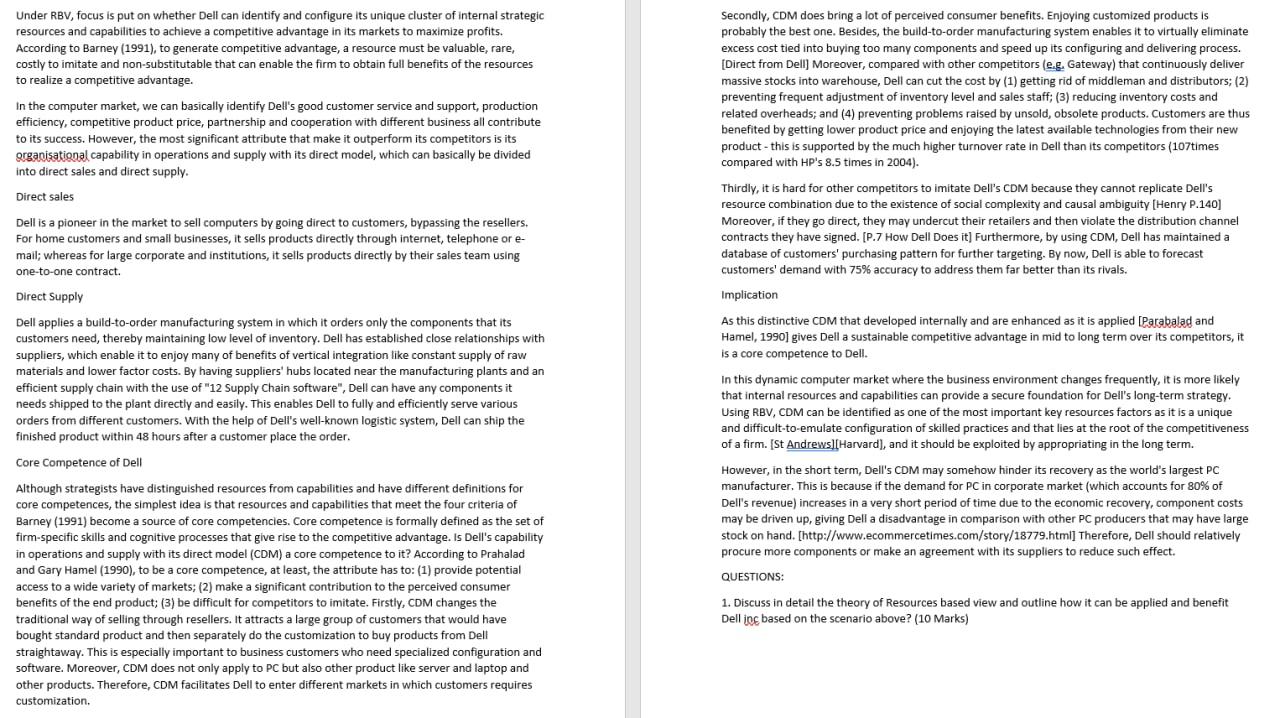 Under RBV, focus is put on whether Dell can