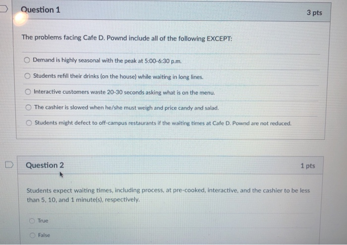 Question 1 3 pts The problems facing Cafe D.