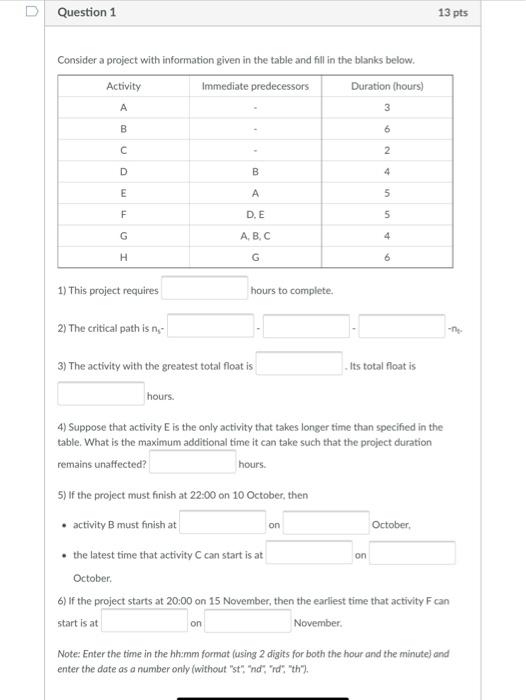 D Question 1 13 pts Consider a project with
