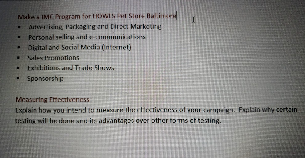 Make a IMC Program for HOWLS Pet Store Baltimore