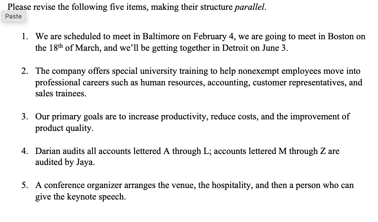 Please revise the following five items, making