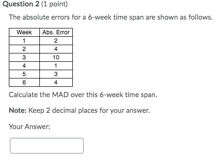 Question 2 (1 point) The absolute errors for a
