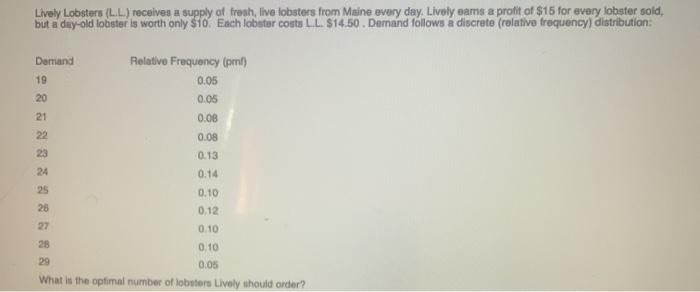 Lively Lobsters (L.L) receives a supply of fresh,