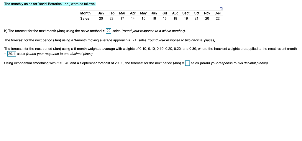 The monthly sales for Yazici Batteries, Inc.,