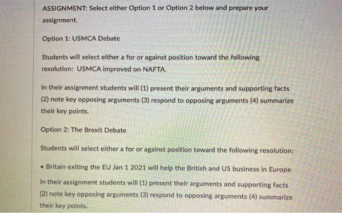 ASSIGNMENT: Select either Option 1 or Option 2