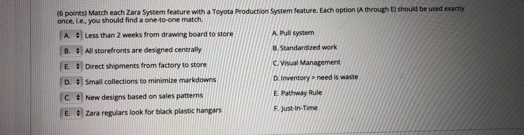 (6 points) Match each Zara System feature with a