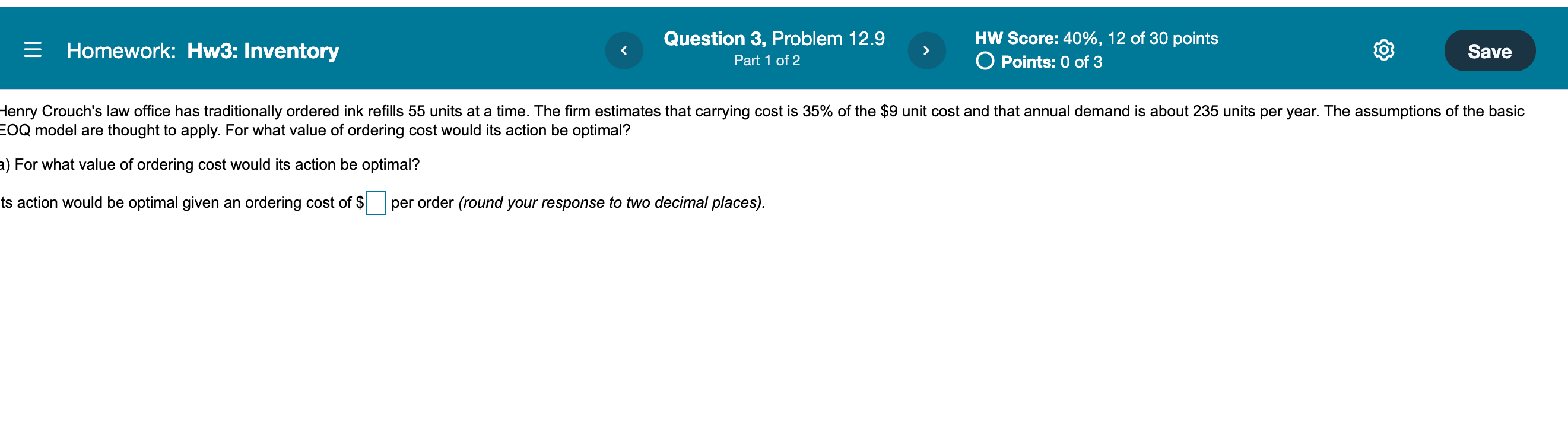 = Homework: Hw3: Inventory Question 3, Problem