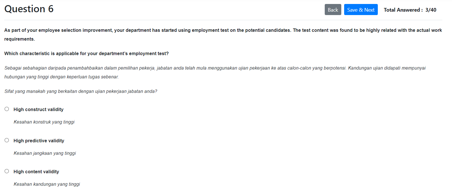 Question 6 Back Save & Next Total Answered: 3/40