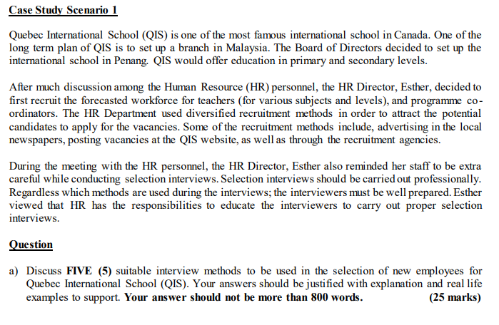 Case Study Scenario 1 Quebec International School