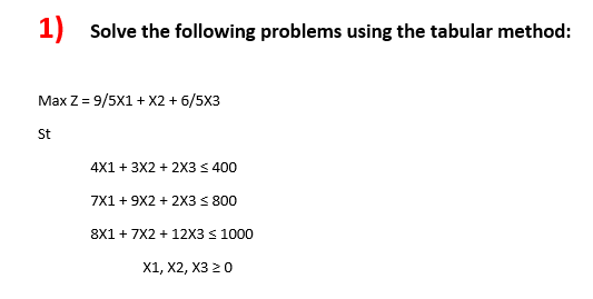 1) Solve the following problems using the tabular