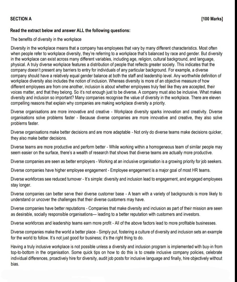 organization diversity q4 SECTION A [100 Marks]