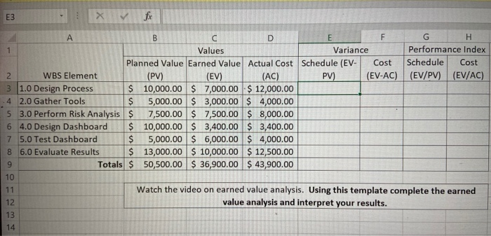 E3 x fx B B D E F G H 1 Values Variance