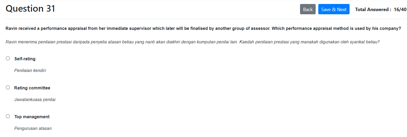 Question 31 Back Save & Next Total Answered :