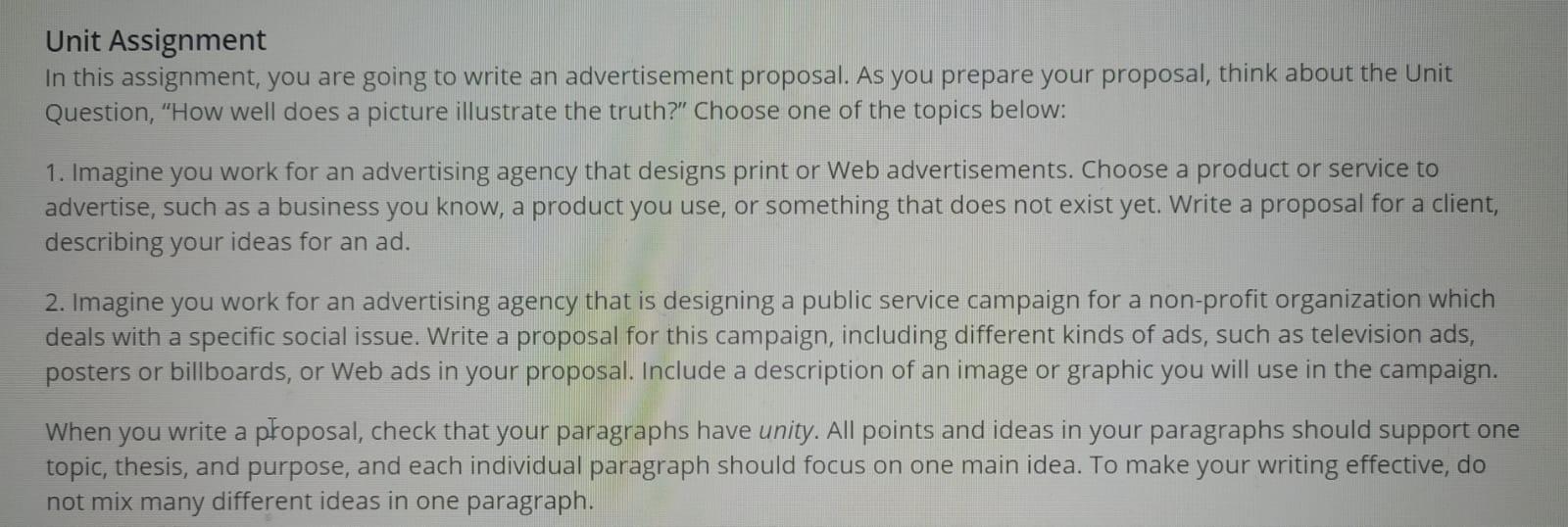 Unit Assignment In this assignment, you are going