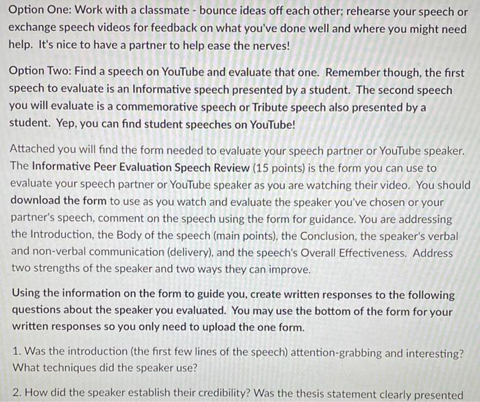 Option One: Work with a classmate - bounce ideas