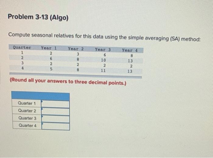 Problem 3-13 (Algo) Compute seasonal relatives