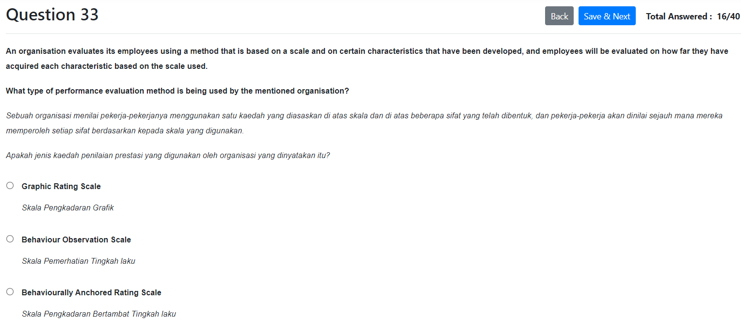 Question 33 Back Save & Next Total Answered :