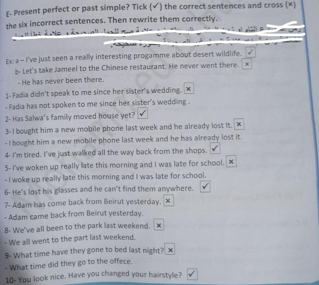 Awnser E- Present perfect or past simple? Tick