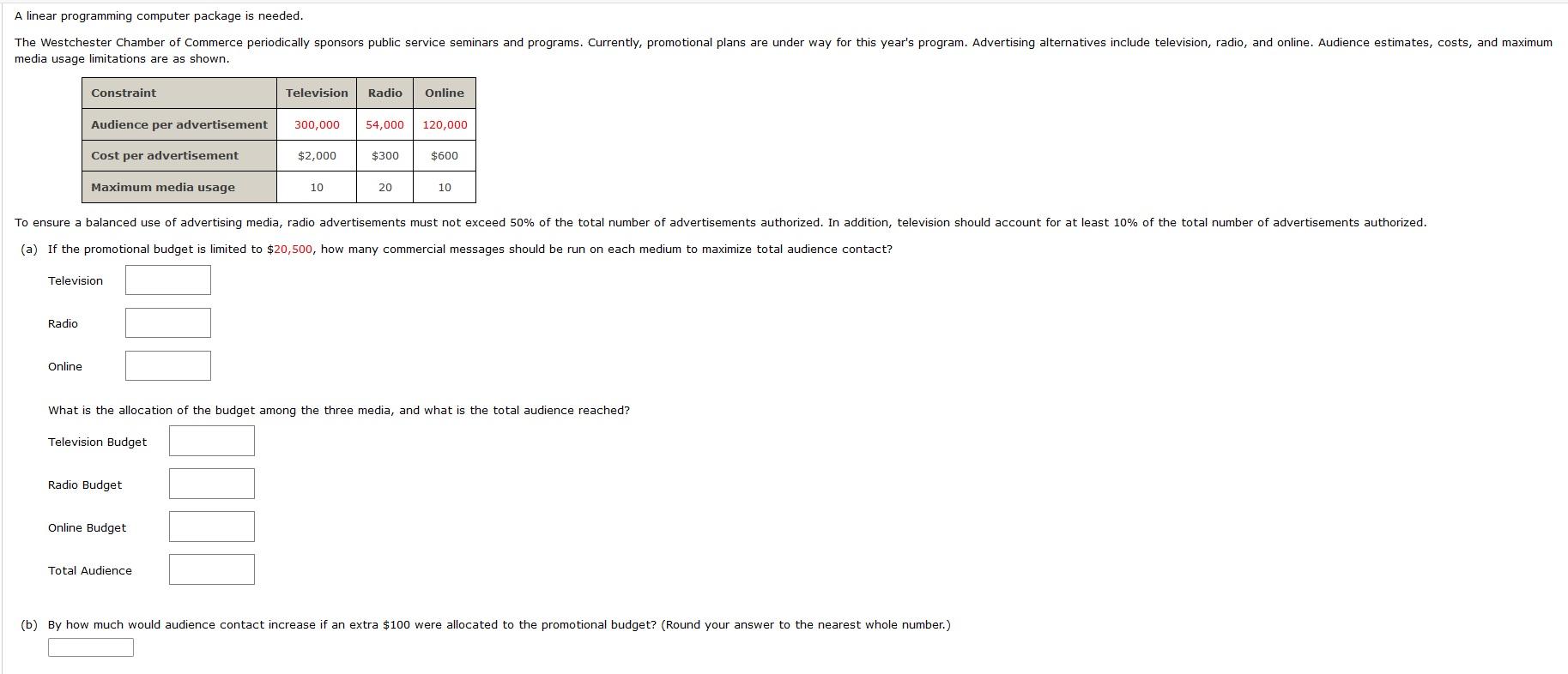 A linear programming computer package is needed.