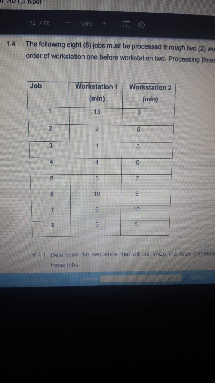 1.4.1 Determine the sequence that will minimize