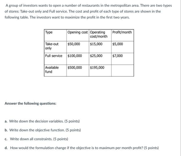 A group of investors wants to open a number of