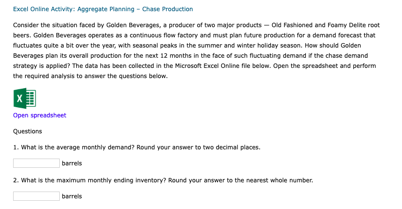 Excel Online Activity: Aggregate Planning - Chase