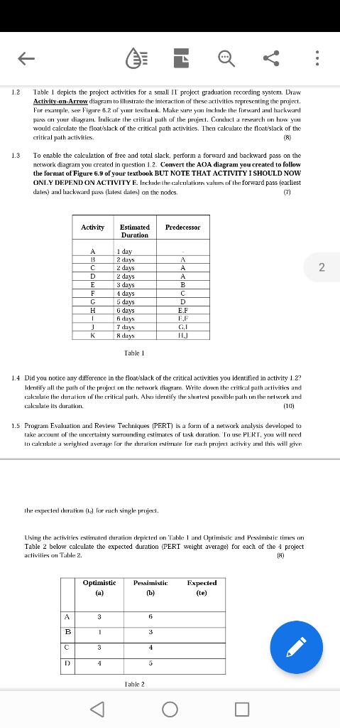 A H 1.2 Table 1 depicts the project activities