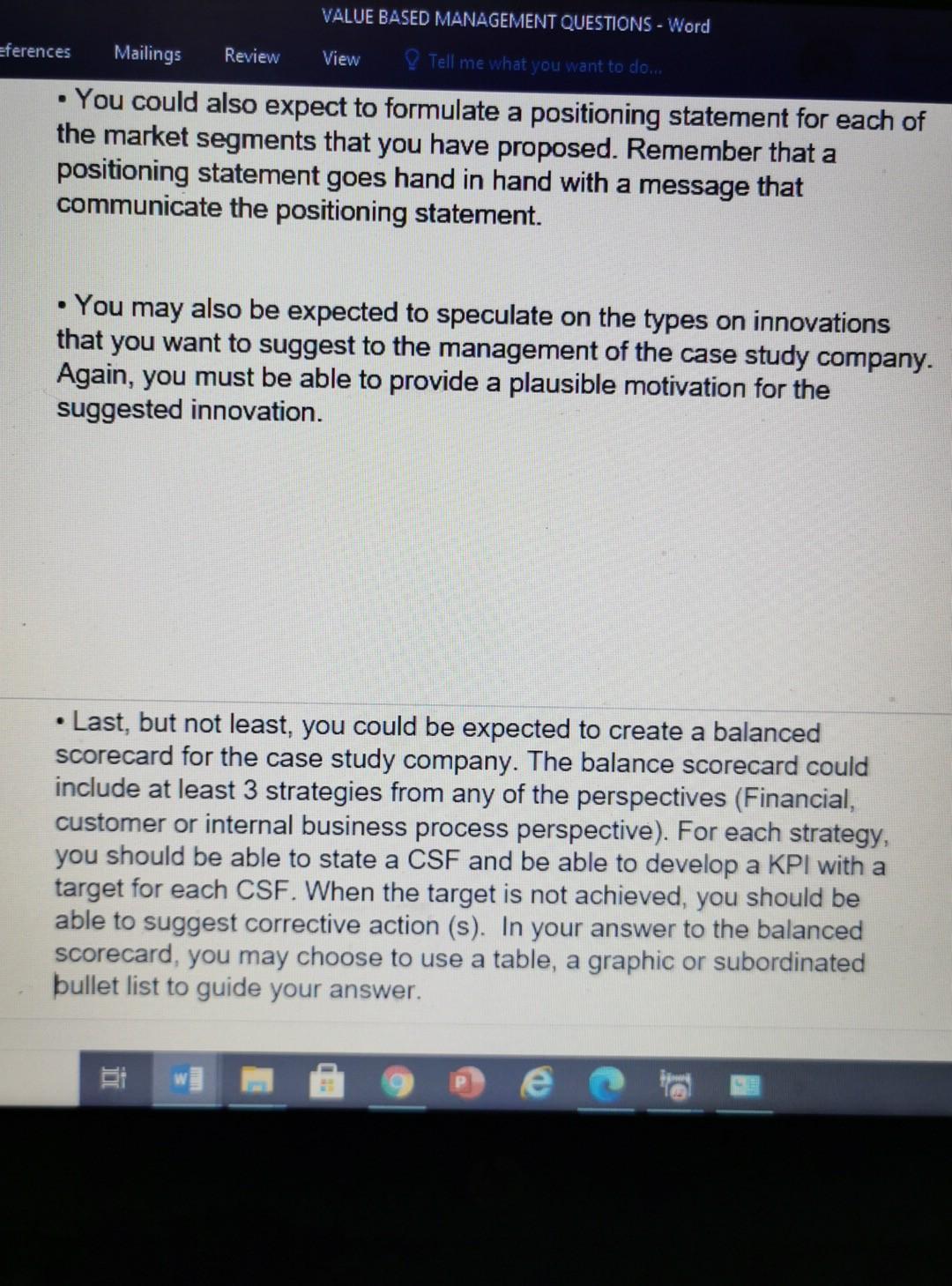 Value Based Management and case study The