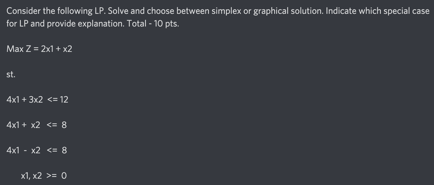 Consider the following LP. Solve and choose