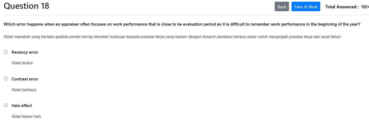 Question 18 Back Save & Next Total Answered: 10/