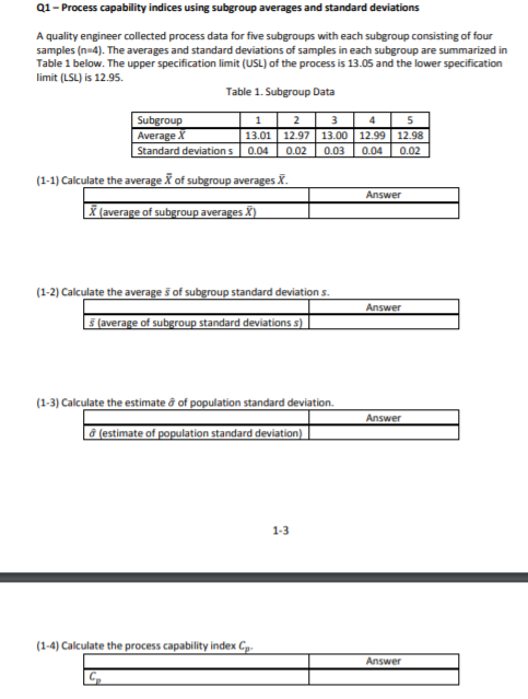 Q1 - Process capability indices using subgroup