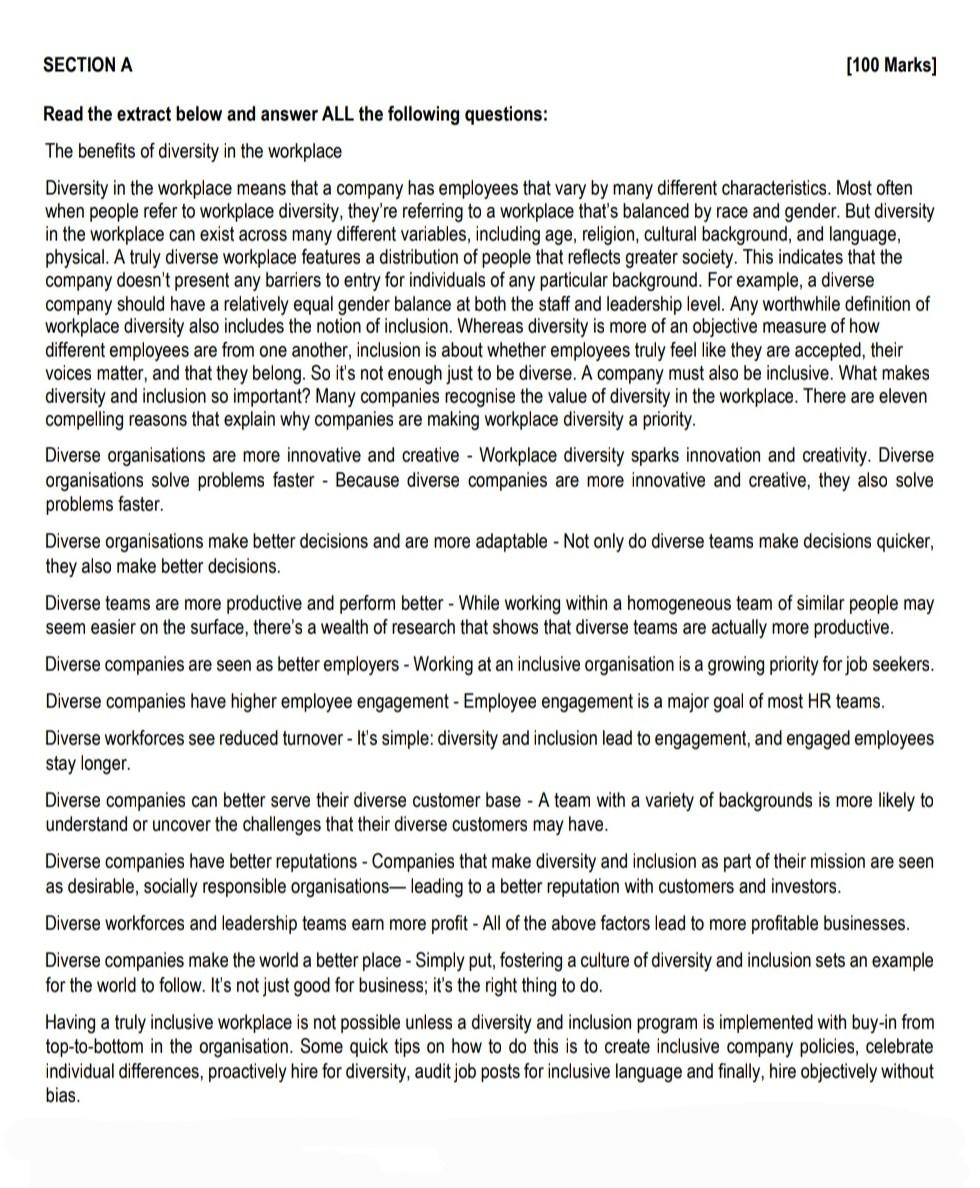organization diversity q3 SECTION A [100 Marks]