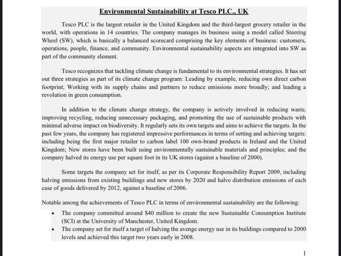 Environmental Sustainability at Tesco PLC. UK