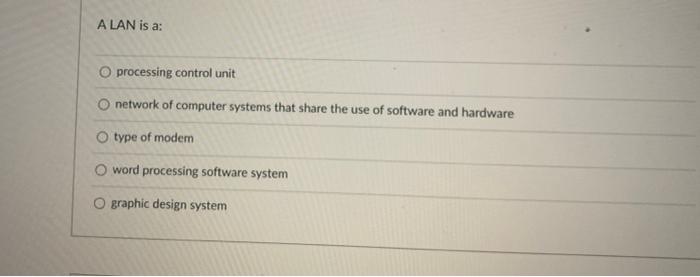 A LAN is a: O processing control unit network of