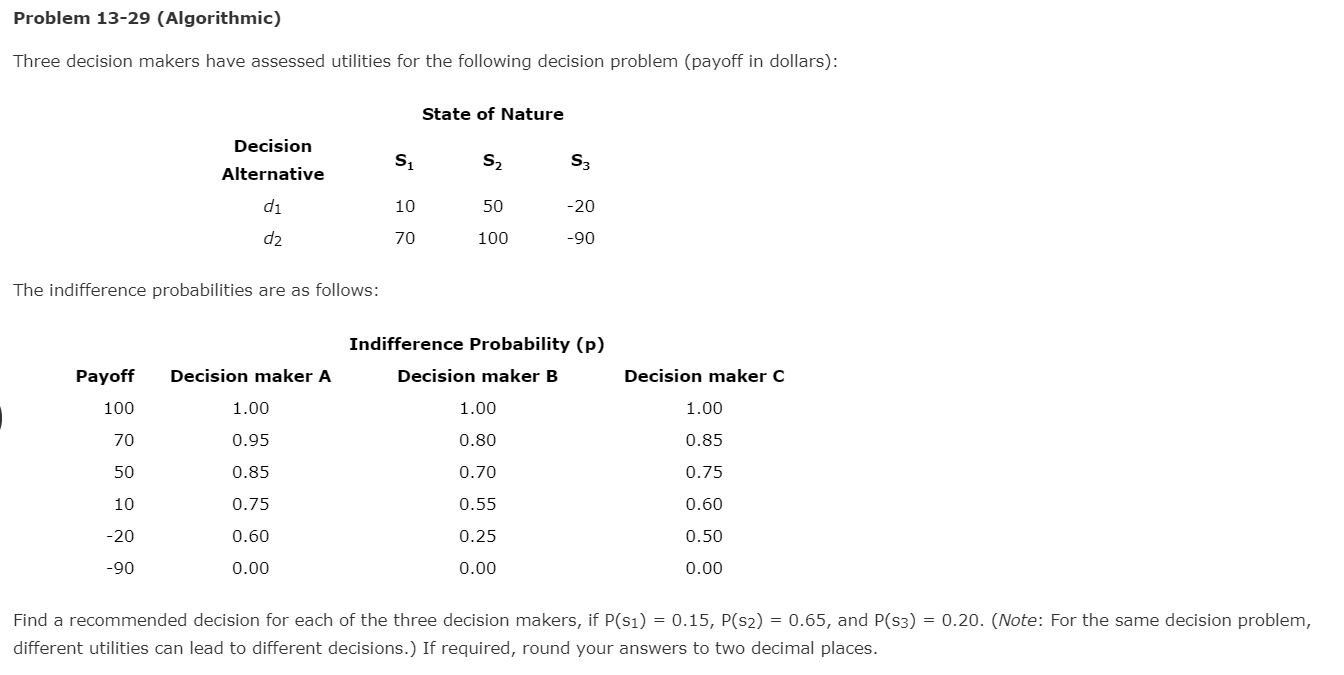 Problem 13-29 (Algorithmic) Three decision makers