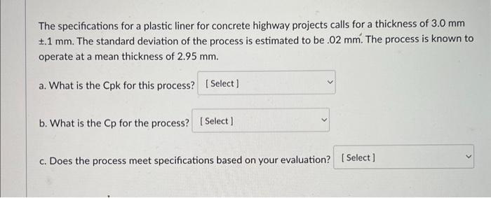 The specifications for a plastic liner for