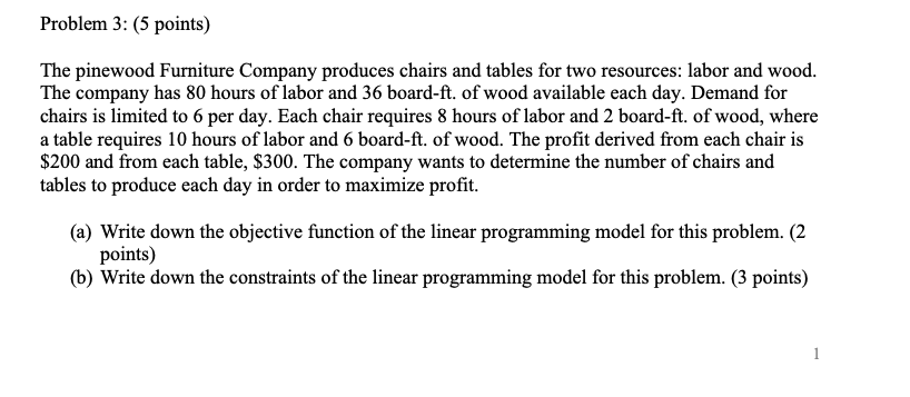Problem 3: (5 points) The pinewood Furniture
